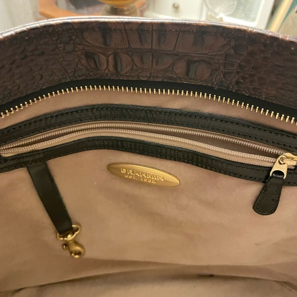 Brahmin Vintage Black/Pecan Crocodile Leather Trim Shoulder Bag Medium Zip Tote - Picture 10 of 15
